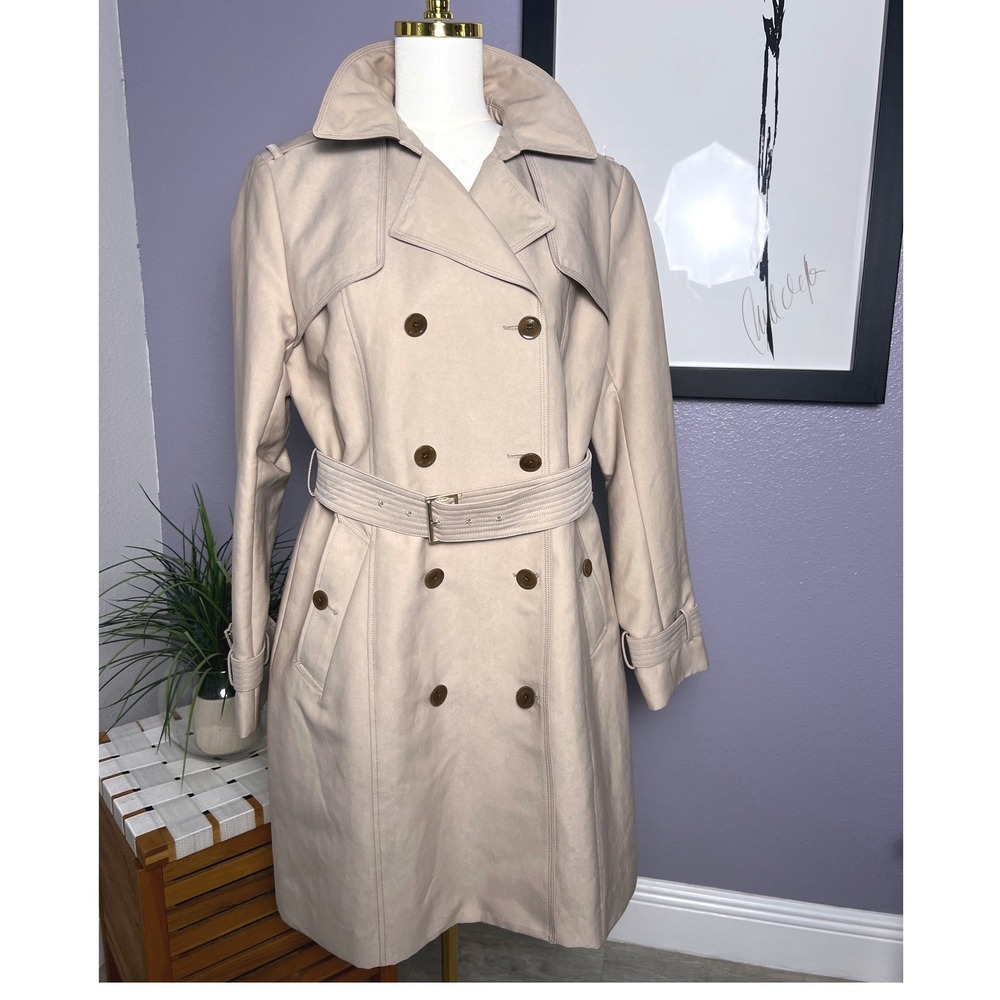 Cole Haan Womens L Khaki Beige Double Breasted Trench Coat Leather Trim NWOT